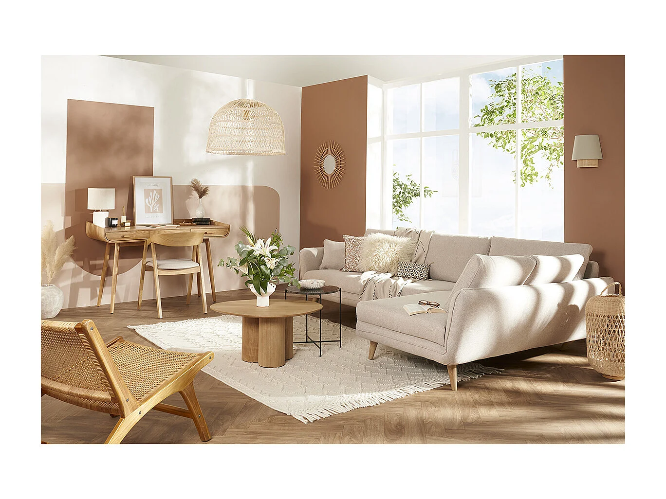 Canapé d'angle droit scandinave 5 places en tissu beige et bois clair CREEP