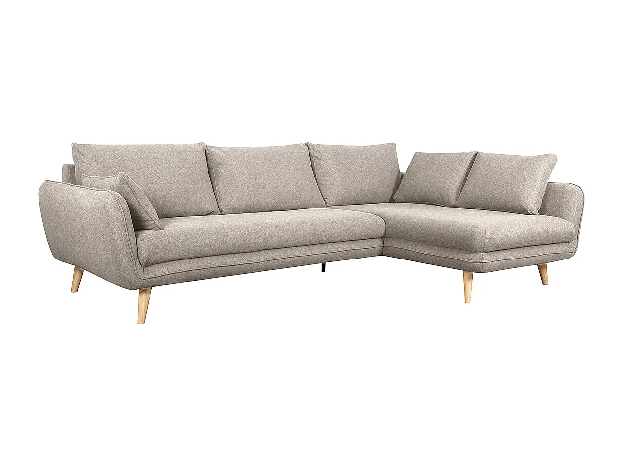 Canapé d'angle droit scandinave 5 places en tissu beige et bois clair CREEP