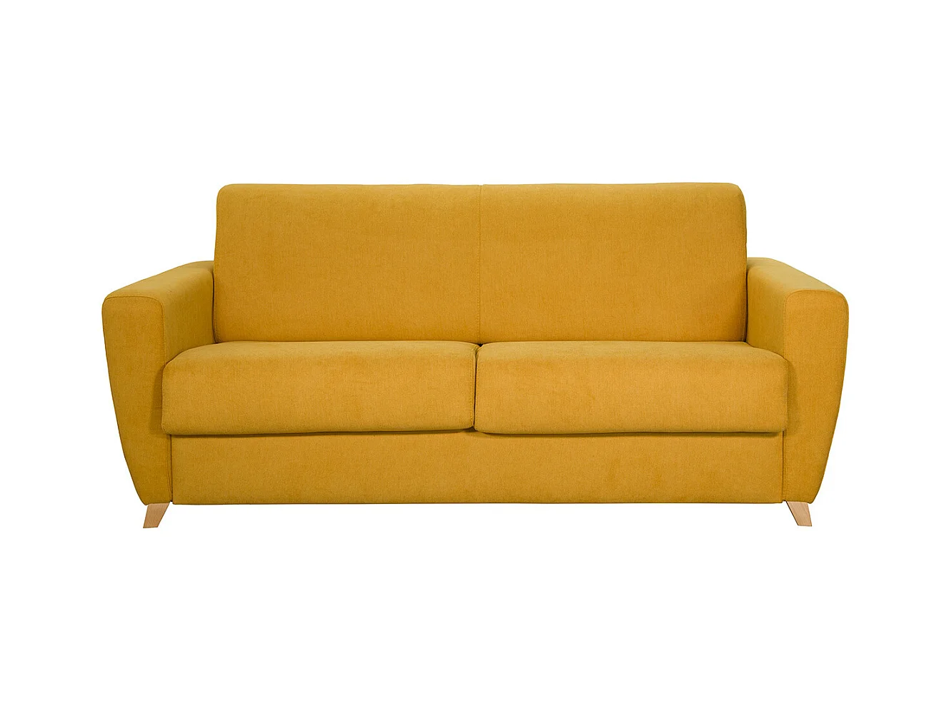 Canapé convertible 3 places en tissu jaune moutarde et bois clair avec matelas L140 cm 13 cm GRAHAM