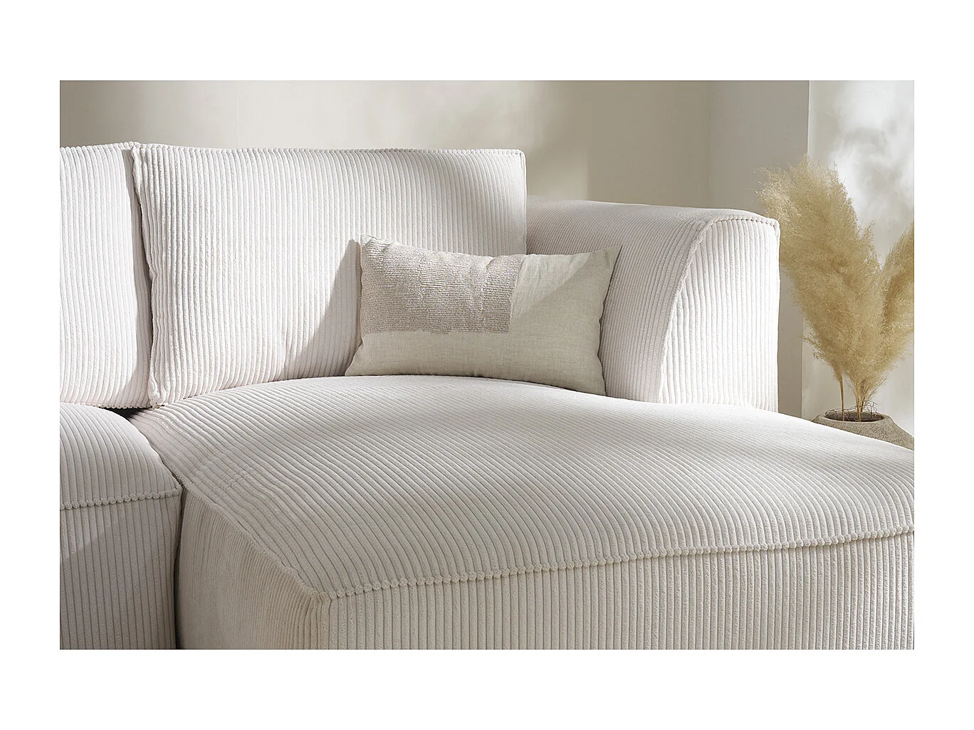 Canapé d'angle droit design en tissu velours côtelé écru 3-4 places PANAM