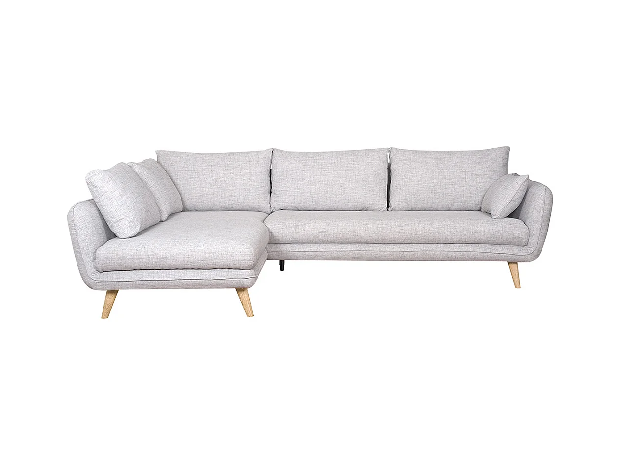 Canapé d'angle gauche scandinave 5 places en tissu gris clair chiné et bois clair CREEP