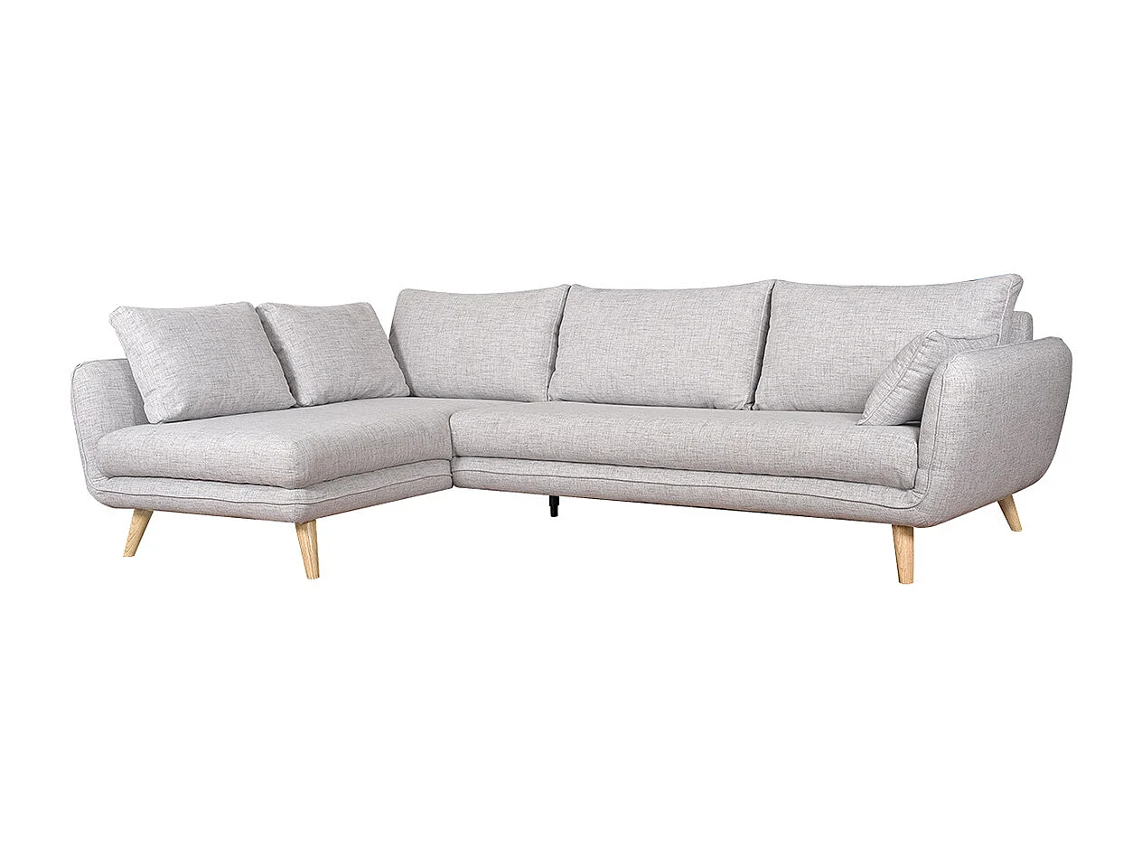 Canapé d'angle gauche scandinave 5 places en tissu gris clair chiné et bois clair CREEP