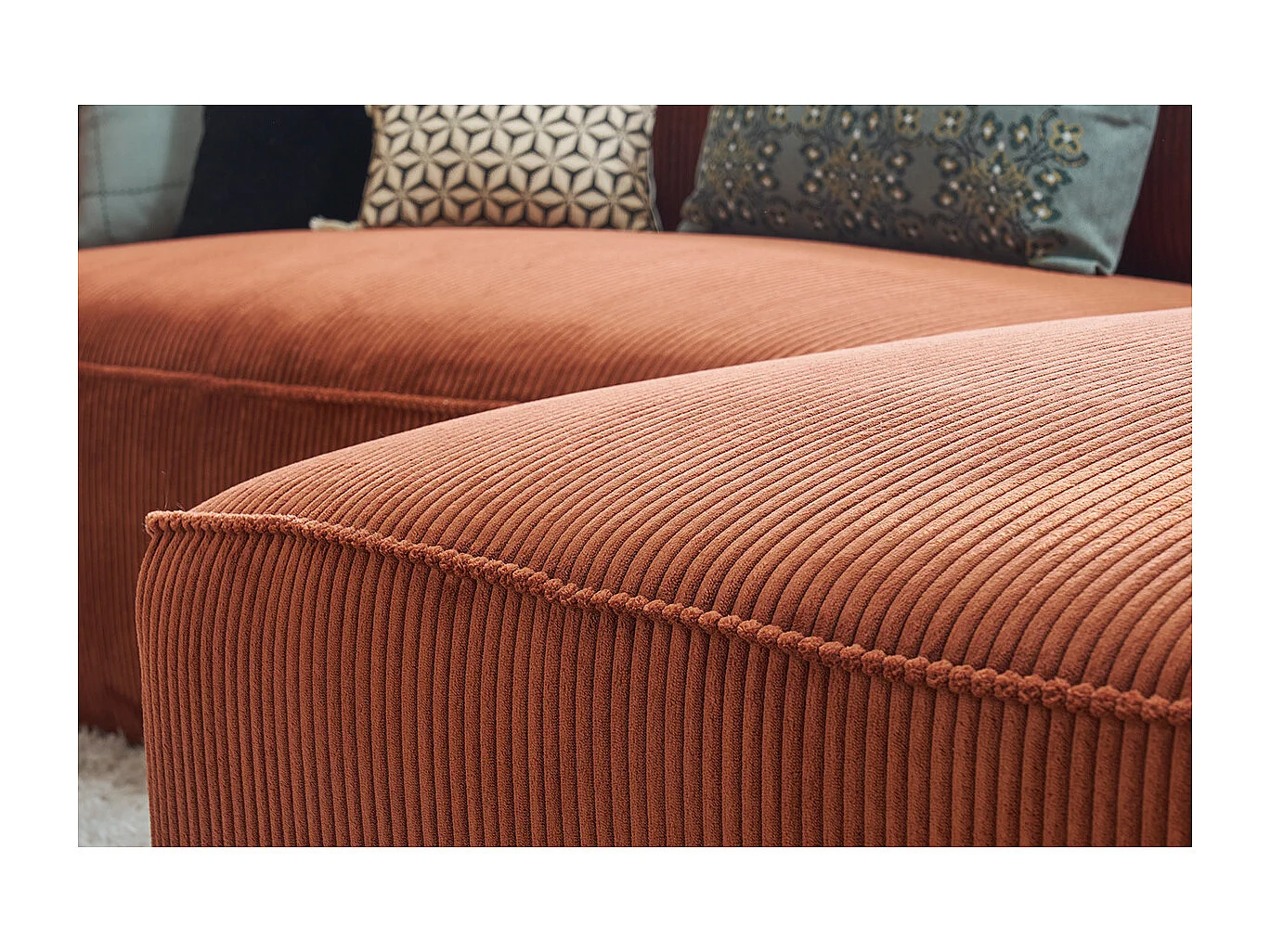 Canapé d'angle droit design en tissu velours côtelé terre brûlée 3-4 places PANAM