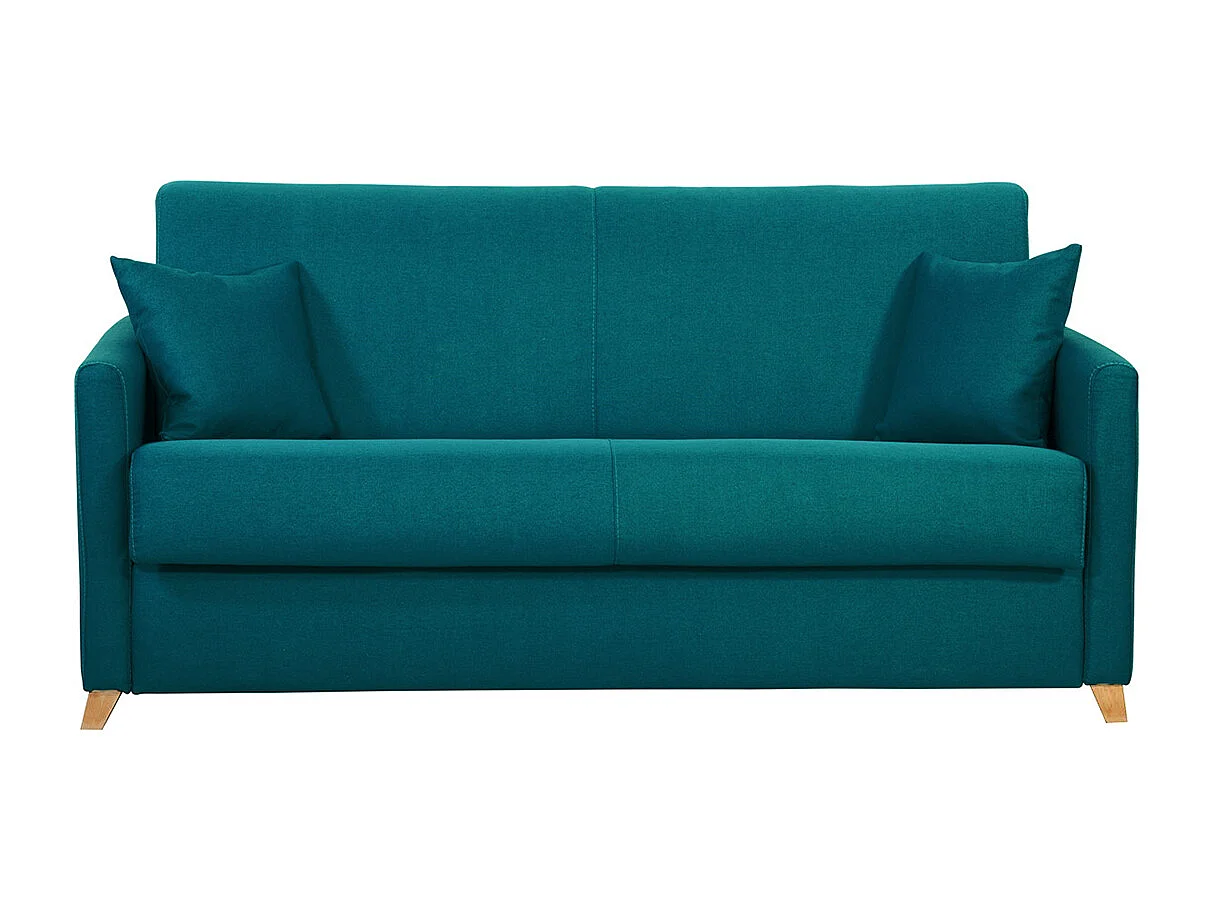 Canapé convertible 3 places en tissu bleu canard et bois clair avec matelas 18 cm SKANDY