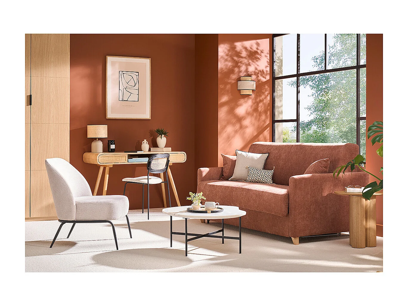 Canapé convertible 3 places en tissu bleu canard et bois clair avec matelas 18 cm SKANDY