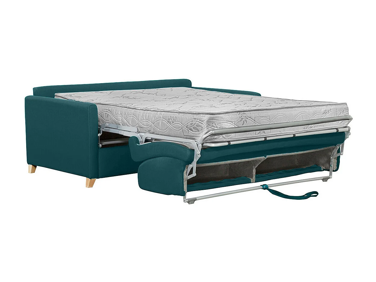 Canapé convertible 3 places en tissu bleu canard et bois clair avec matelas 18 cm SKANDY