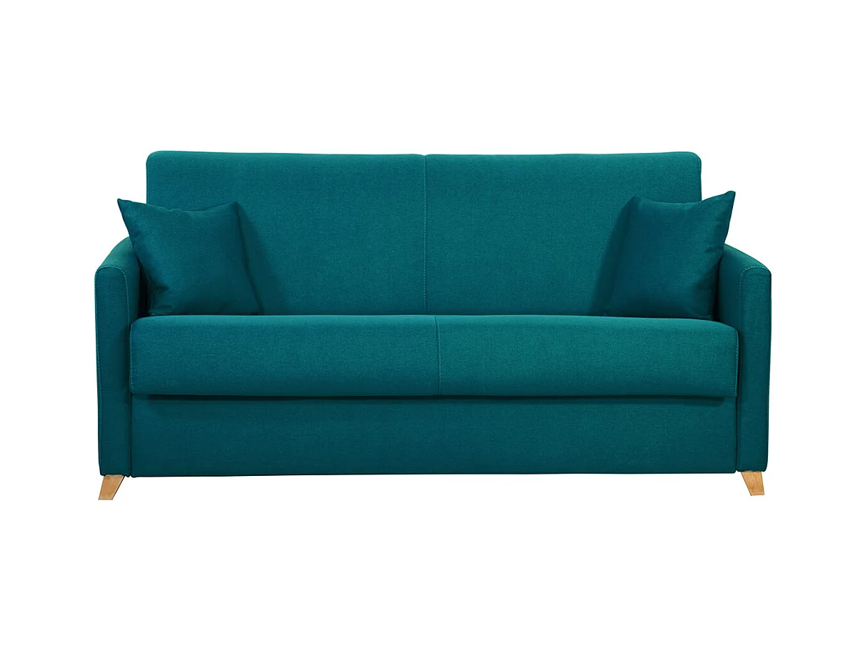 Canapé convertible 3 places en tissu bleu canard et bois clair avec matelas 18 cm SKANDY