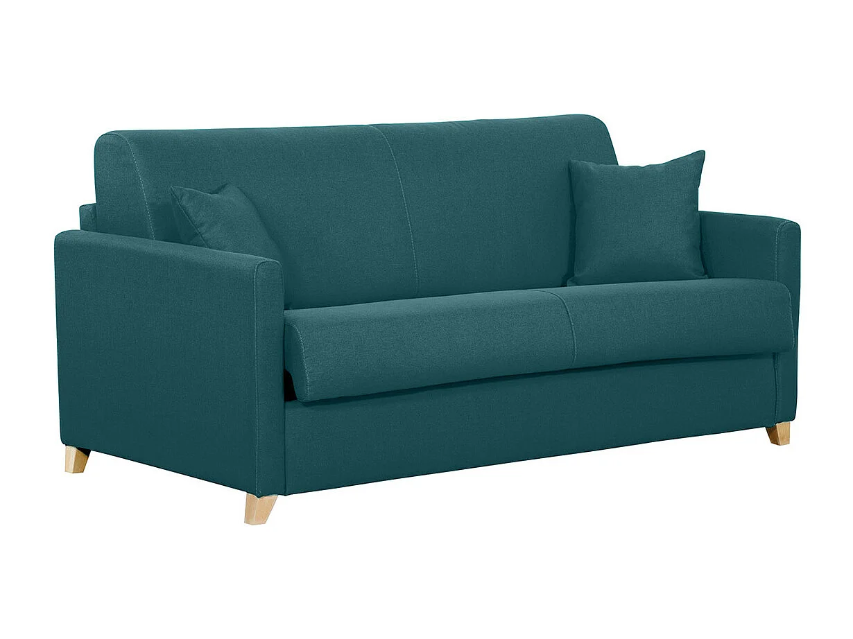 Divano letto 3 posti in tessuto blu anatra e legno chiaro con materasso 18 cm SKANDY