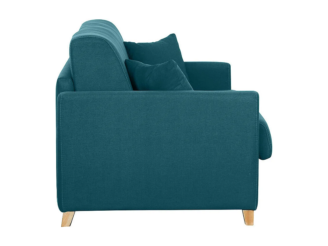 Divano letto 3 posti in tessuto blu anatra e legno chiaro con materasso 18 cm SKANDY