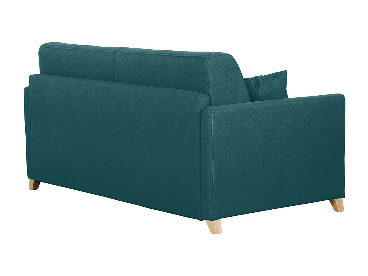 Divano letto 3 posti in tessuto blu anatra e legno chiaro con materasso 18 cm SKANDY