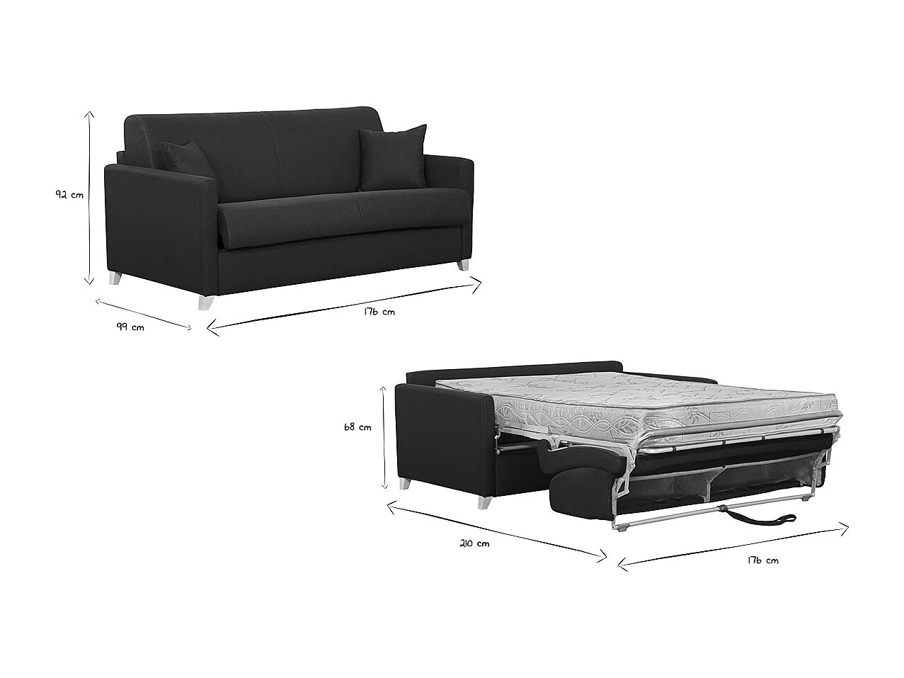 Divano letto 3 posti in tessuto blu anatra e legno chiaro con materasso 18 cm SKANDY