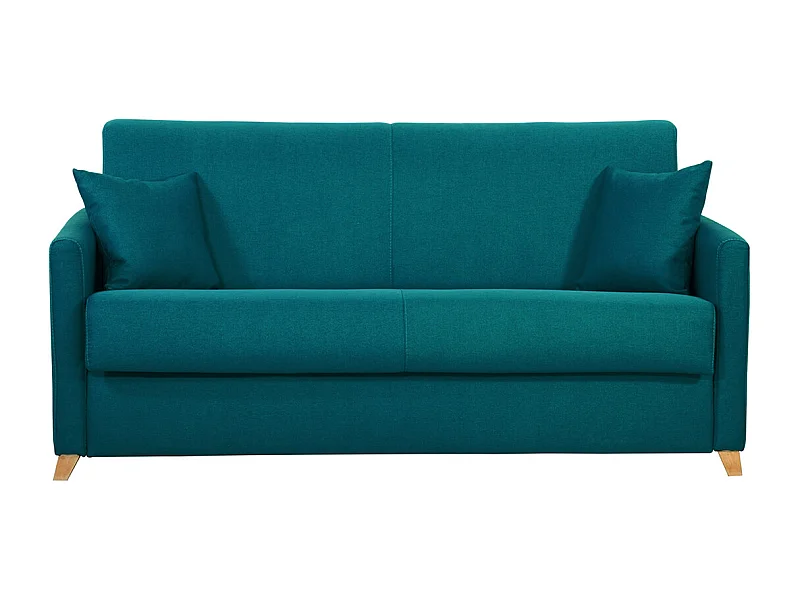 Divano letto 3 posti in tessuto blu anatra e legno chiaro con materasso 18 cm SKANDY