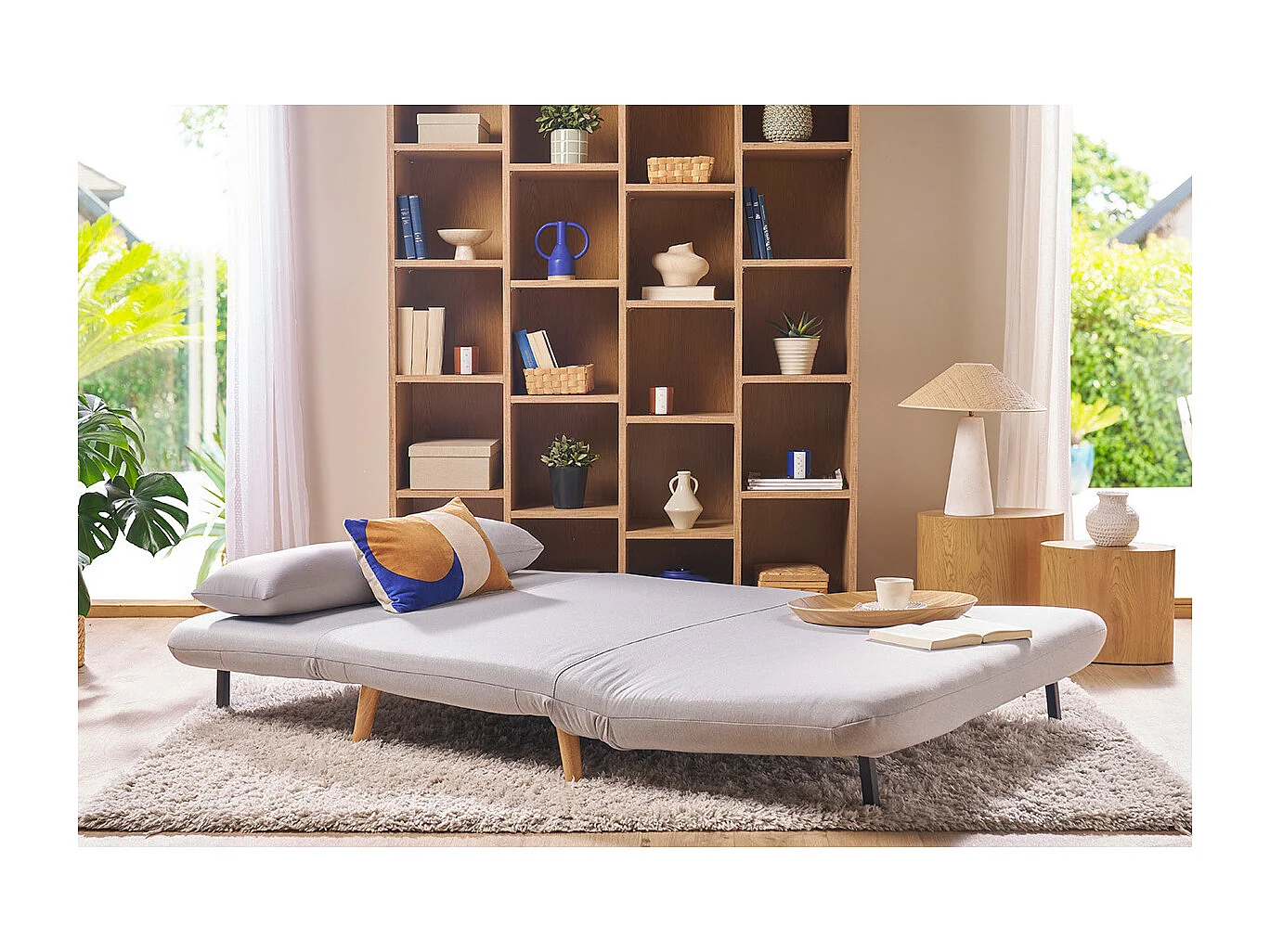 Sofá cama convertible 2 plazas en tejido gris claro AMIKO