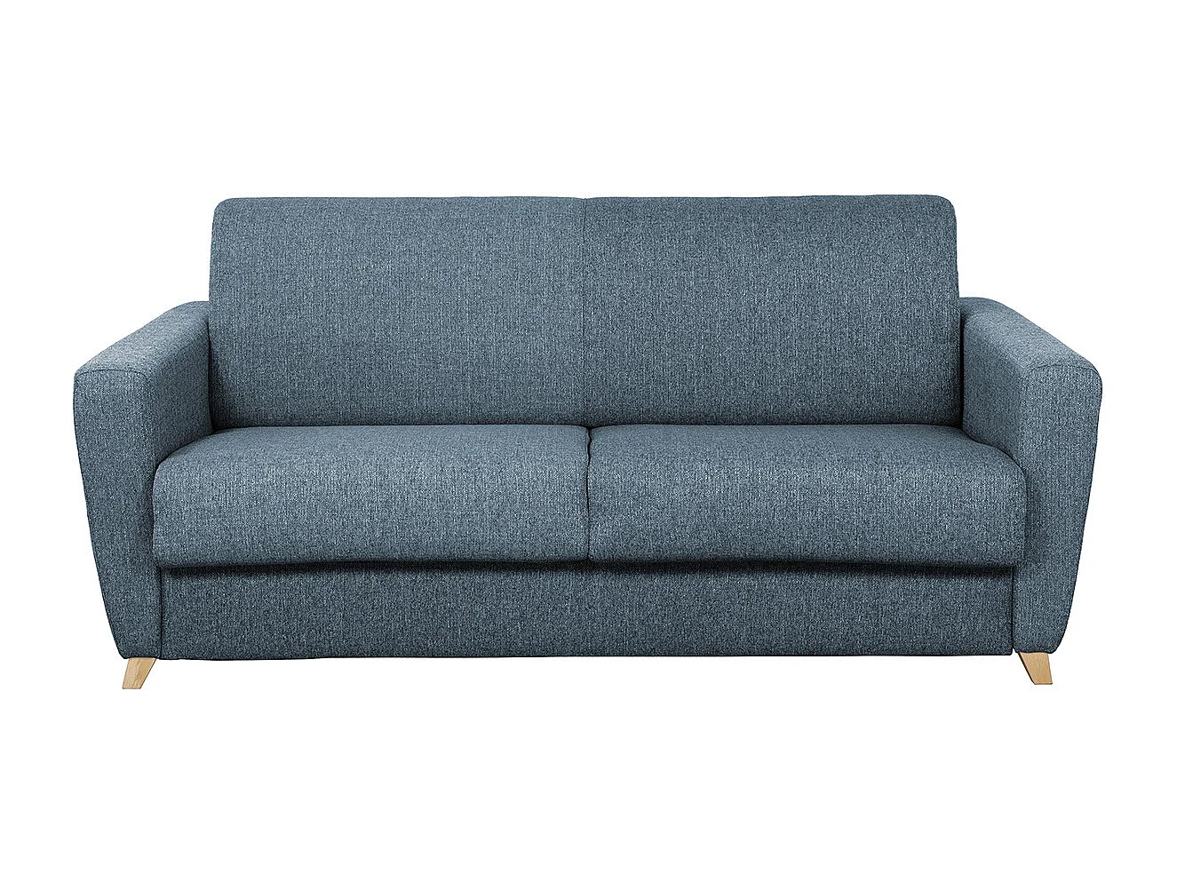 Canapé convertible 3 places en tissu bleu et bois clair avec matelas L140 cm 12 cm GRAHAM