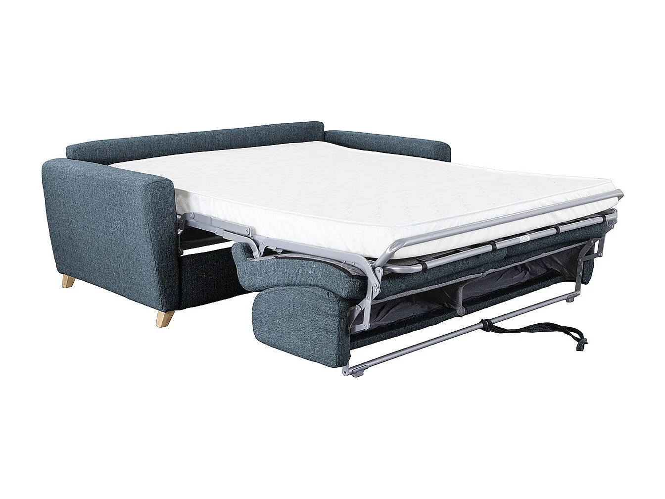 Canapé convertible 3 places en tissu bleu et bois clair avec matelas L140 cm 12 cm GRAHAM