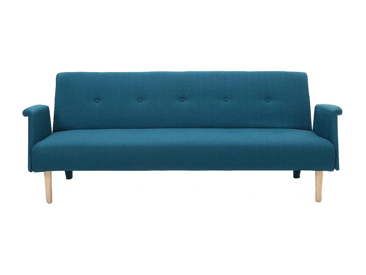Canapé convertible scandinave 3 places en tissu bleu canard et bois clair OSCAR