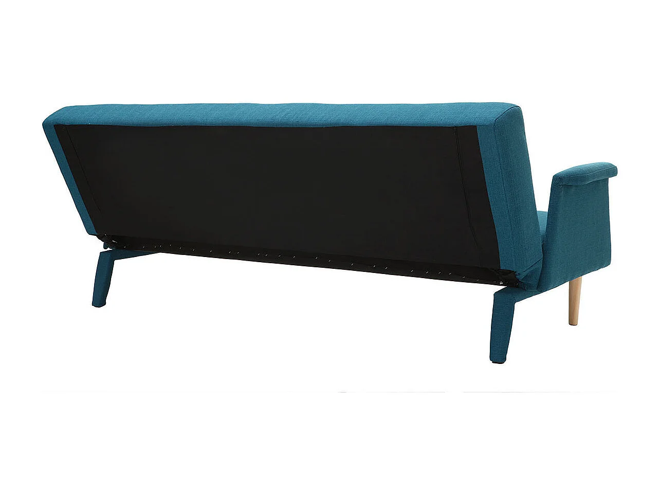 Canapé convertible scandinave 3 places en tissu bleu canard et bois clair OSCAR