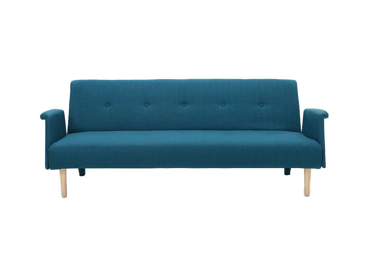 Canapé convertible scandinave 3 places en tissu bleu canard et bois clair OSCAR