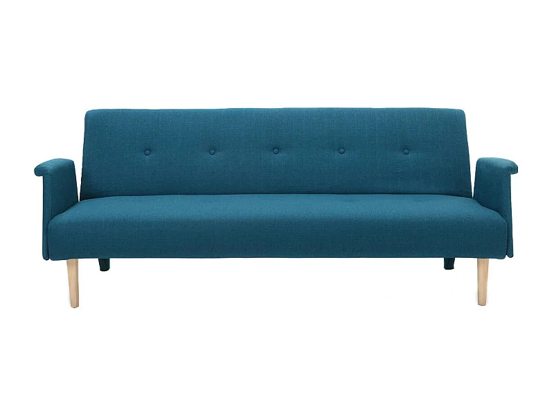 Canapé convertible scandinave 3 places en tissu bleu canard et bois clair OSCAR