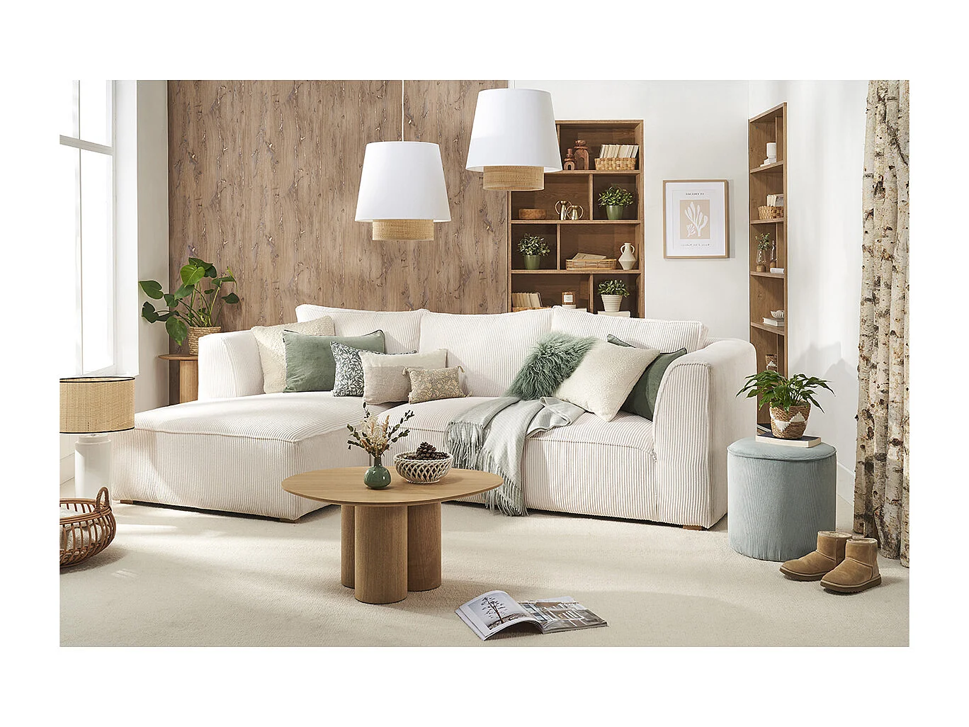 Design-Ecksofa linksseitig aus écrufarbenem Cordstoff mit Samteffekt 3-4 Sitzer PANAM