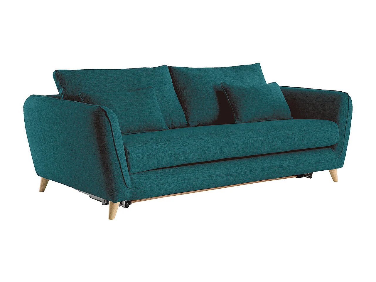 Canapé convertible scandinave 3 places en tissu bleu paon et bois clair avec matelas 10 cm CREEP