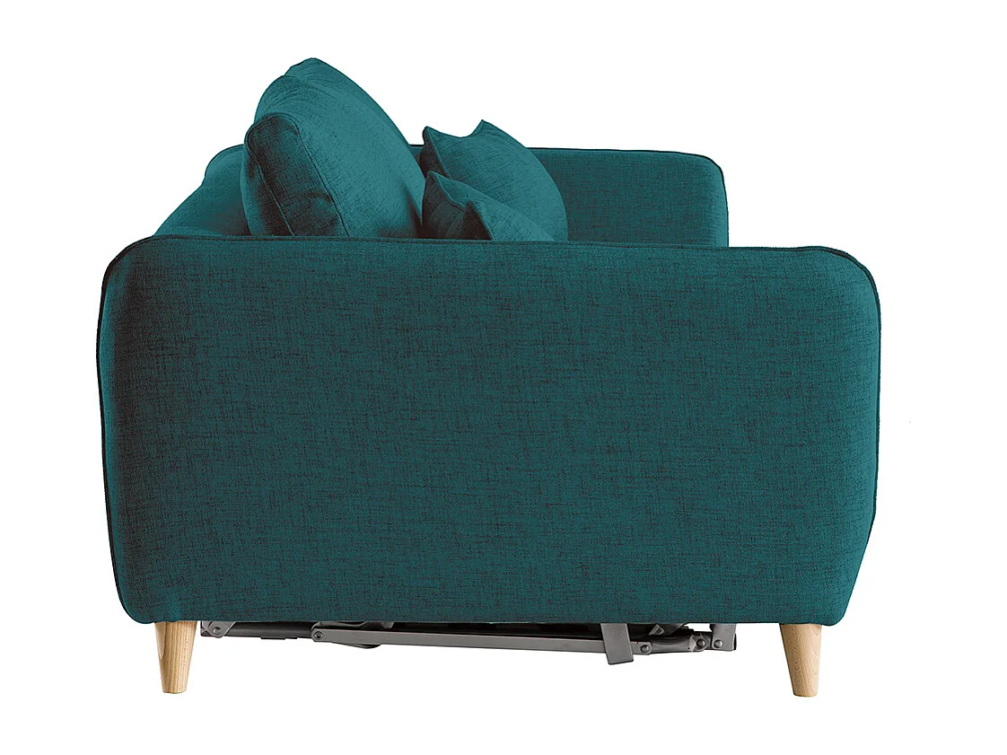 Canapé convertible scandinave 3 places en tissu bleu paon et bois clair avec matelas 10 cm CREEP