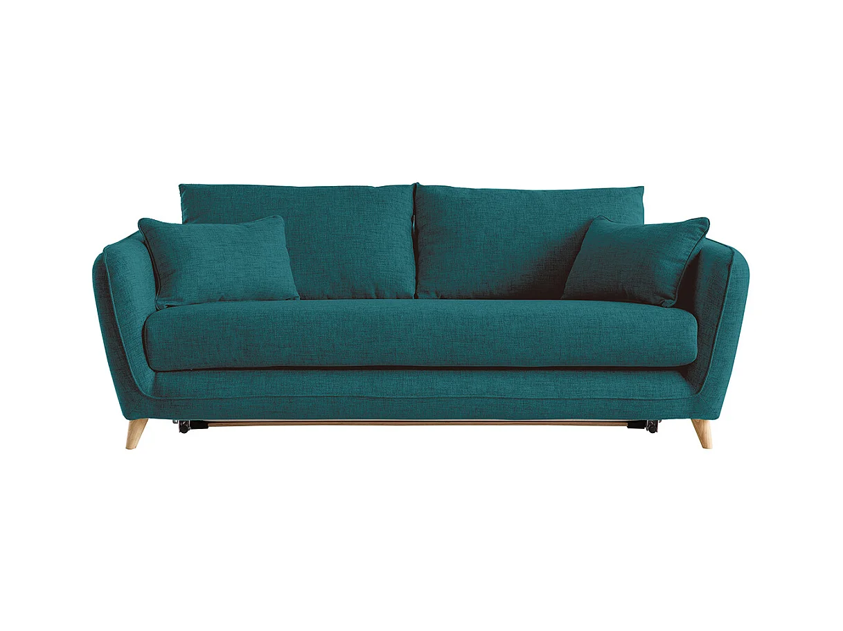 Canapé convertible scandinave 3 places en tissu bleu paon et bois clair avec matelas 10 cm CREEP