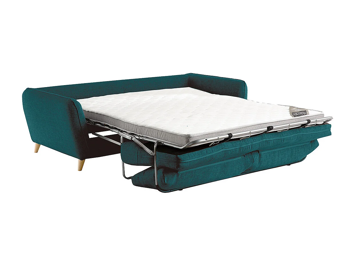 Canapé convertible scandinave 3 places en tissu bleu paon et bois clair avec matelas 10 cm CREEP