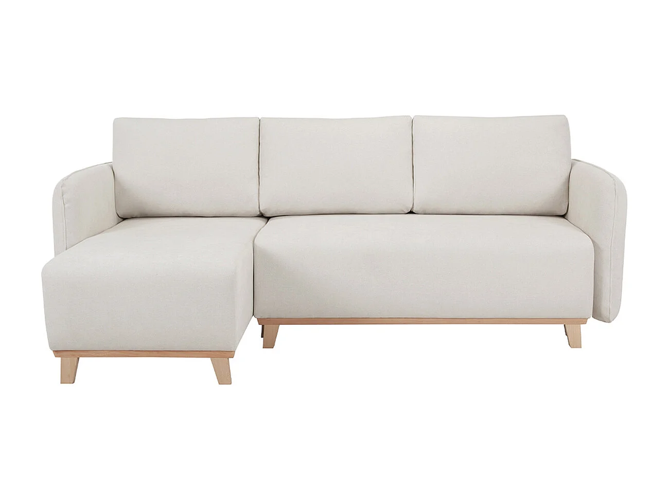 Divano letto angolare reversibile 3-4 posti in tessuto effetto velluto testurizzato beige e legno chiaro ROMANE