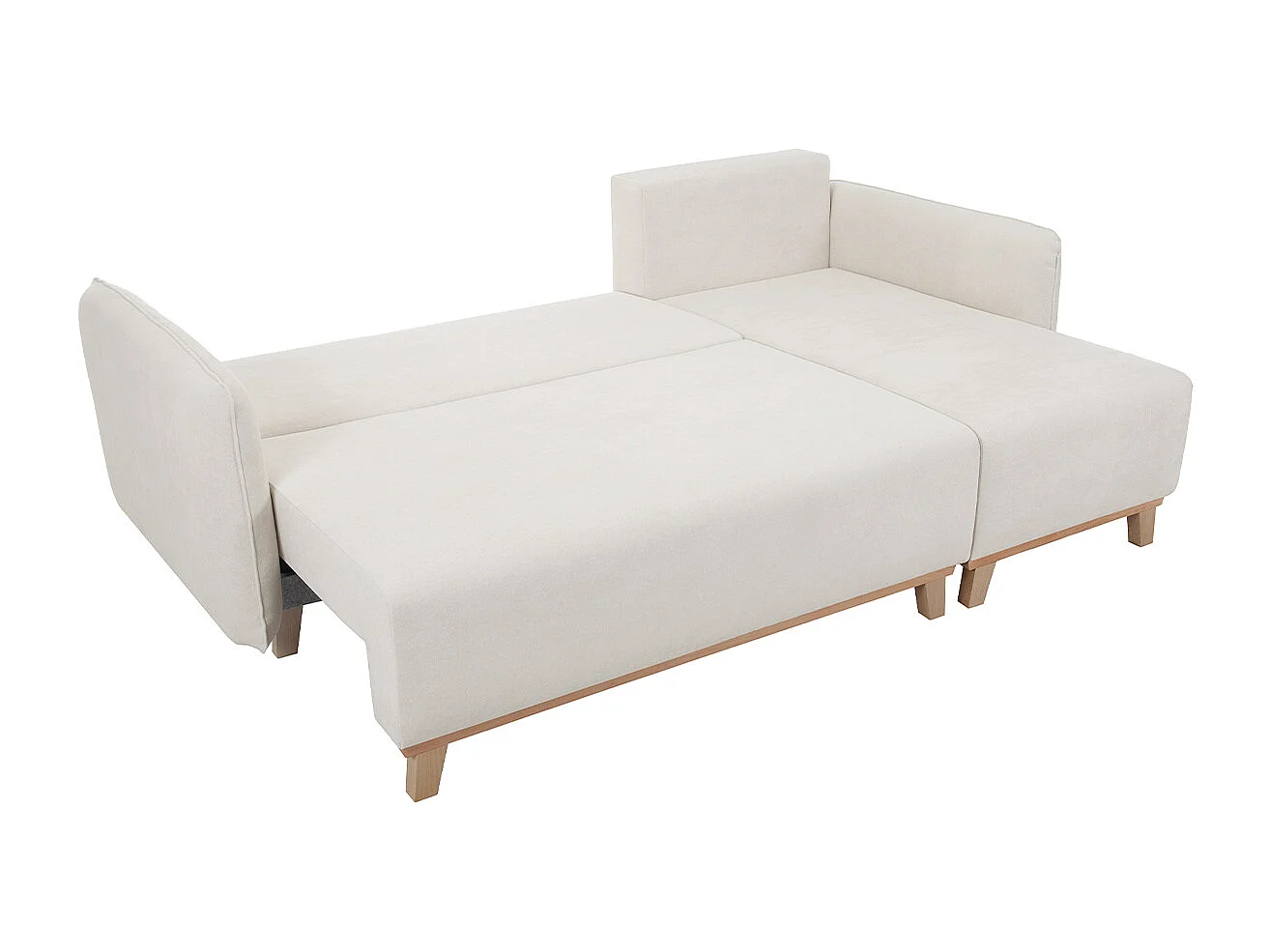 Divano letto angolare reversibile 3-4 posti in tessuto effetto velluto testurizzato beige e legno chiaro ROMANE