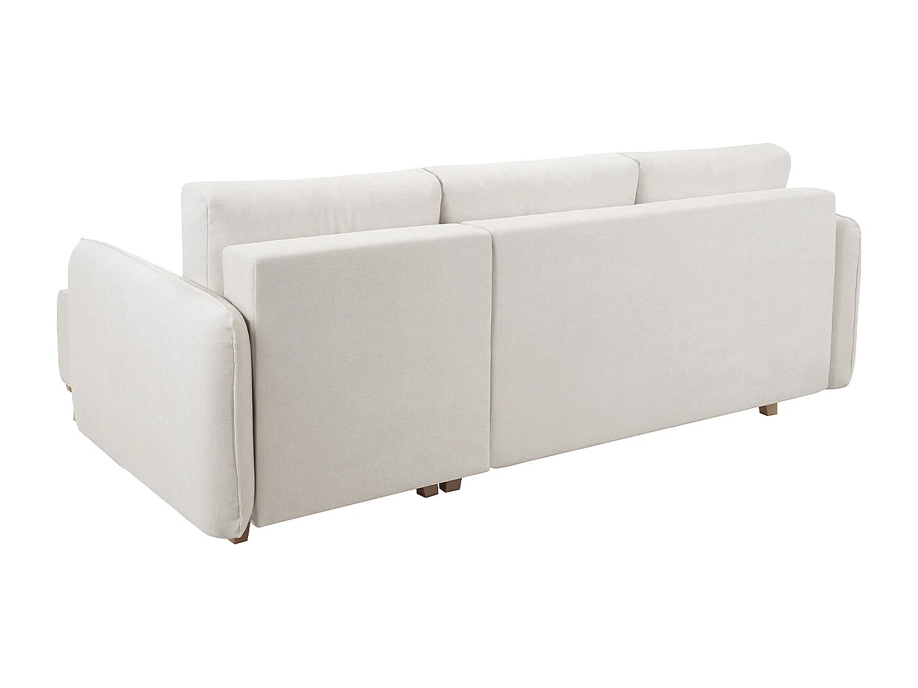 Divano letto angolare reversibile 3-4 posti in tessuto effetto velluto testurizzato beige e legno chiaro ROMANE