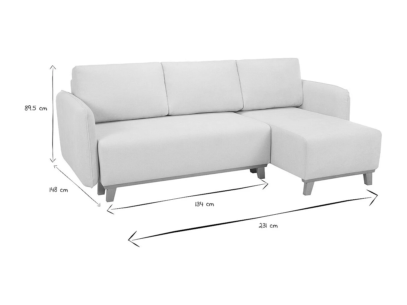 Divano letto angolare reversibile 3-4 posti in tessuto effetto velluto testurizzato beige e legno chiaro ROMANE