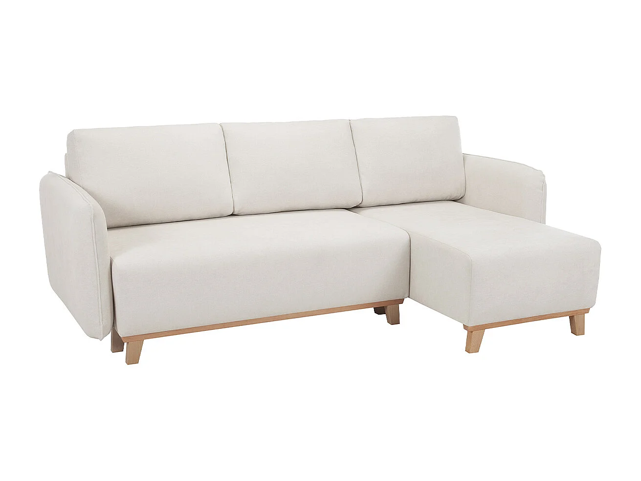 Canapé d'angle convertible et réversible 3-4 places en tissu effet velours beige et bois clair ROMANE