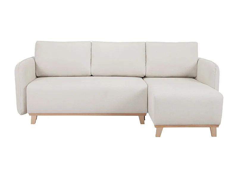 Canapé d'angle convertible et réversible 3-4 places en tissu effet velours beige et bois clair ROMANE