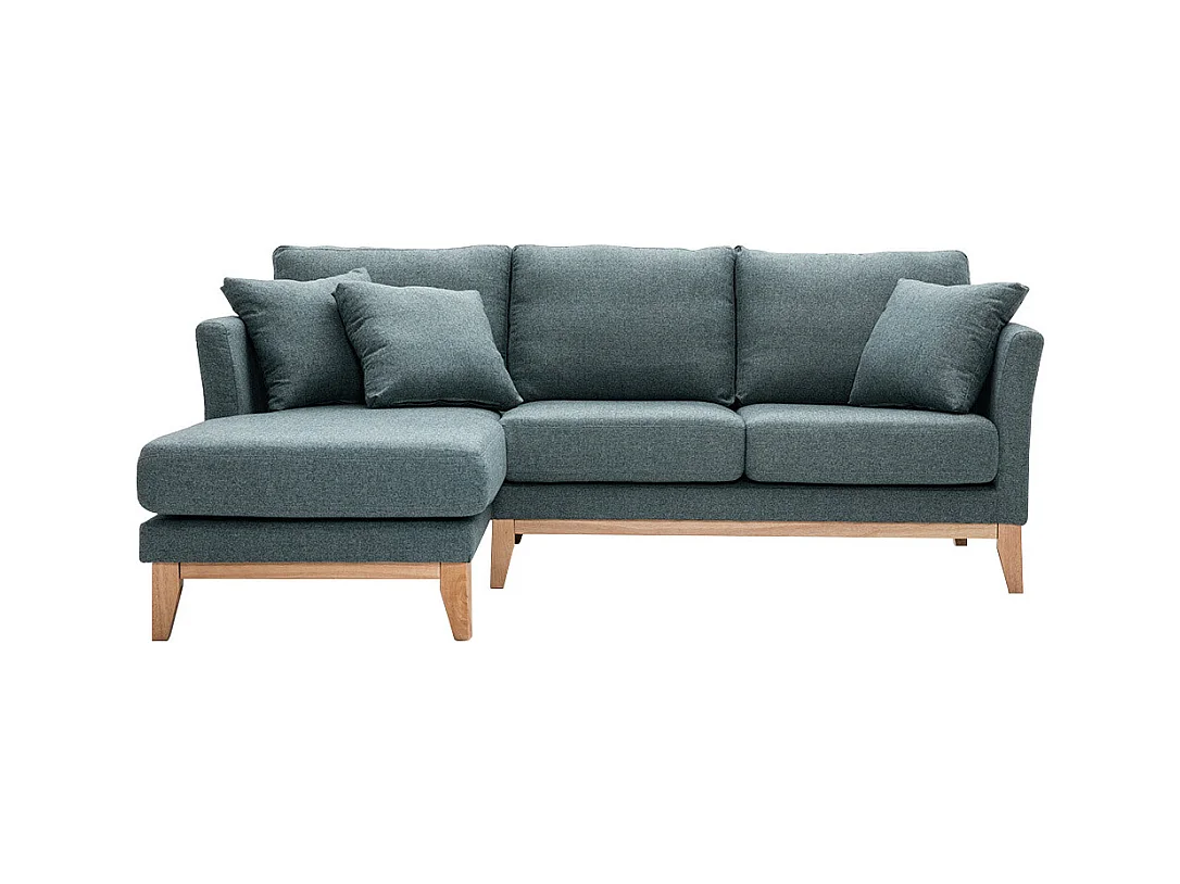 Canapé d'angle gauche déhoussable scandinave en tissu vert de gris et bois clair 3-4 places OSLO