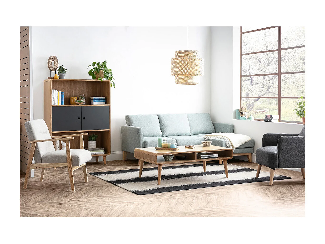 Divano angolare destro sfoderabile 4 posti in tessuto beige e legno chiaro OSLO