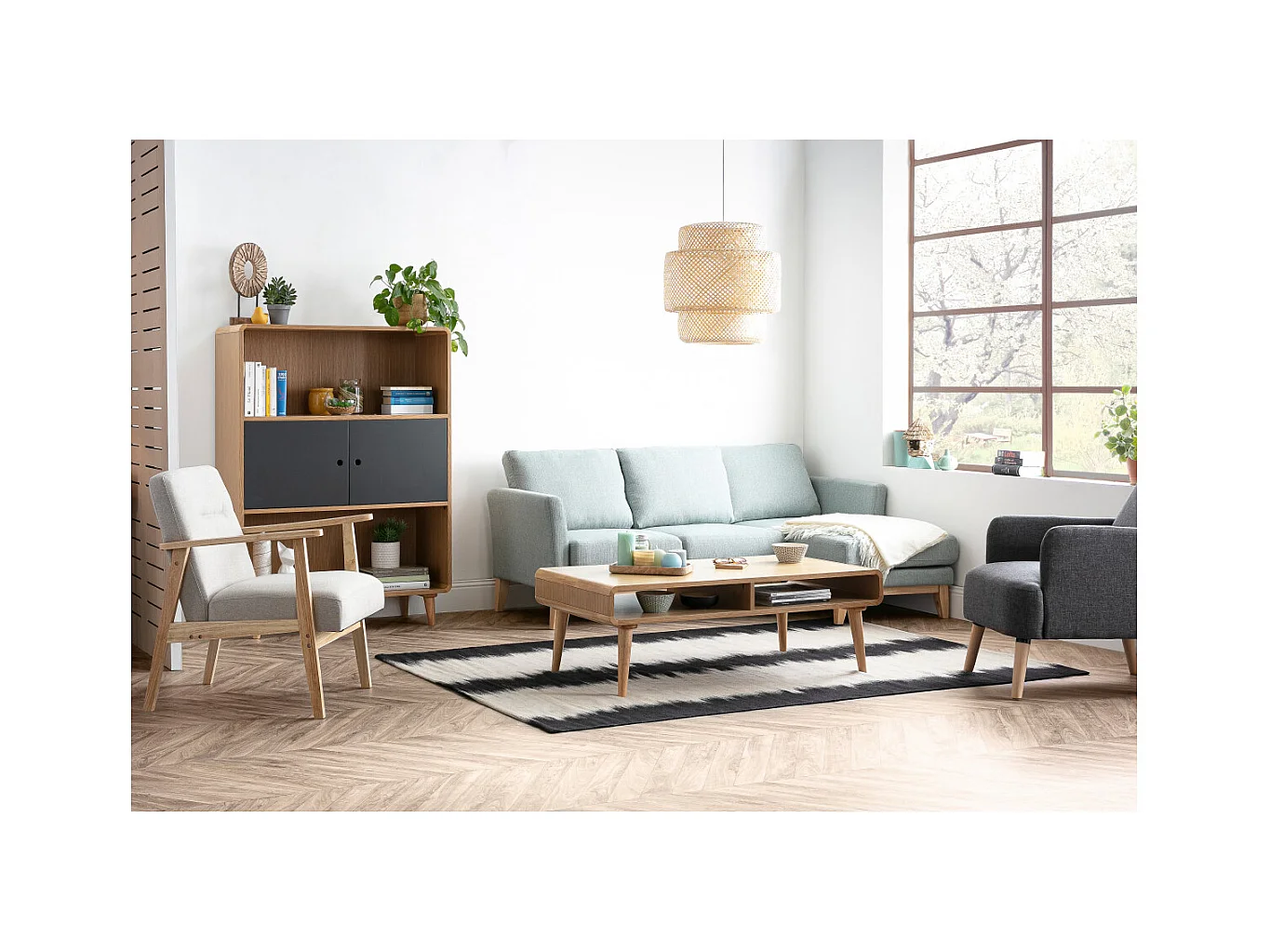 Sofá de esquina derecho desenfundable de 4 plazas en tela beige y madera clara OSLO