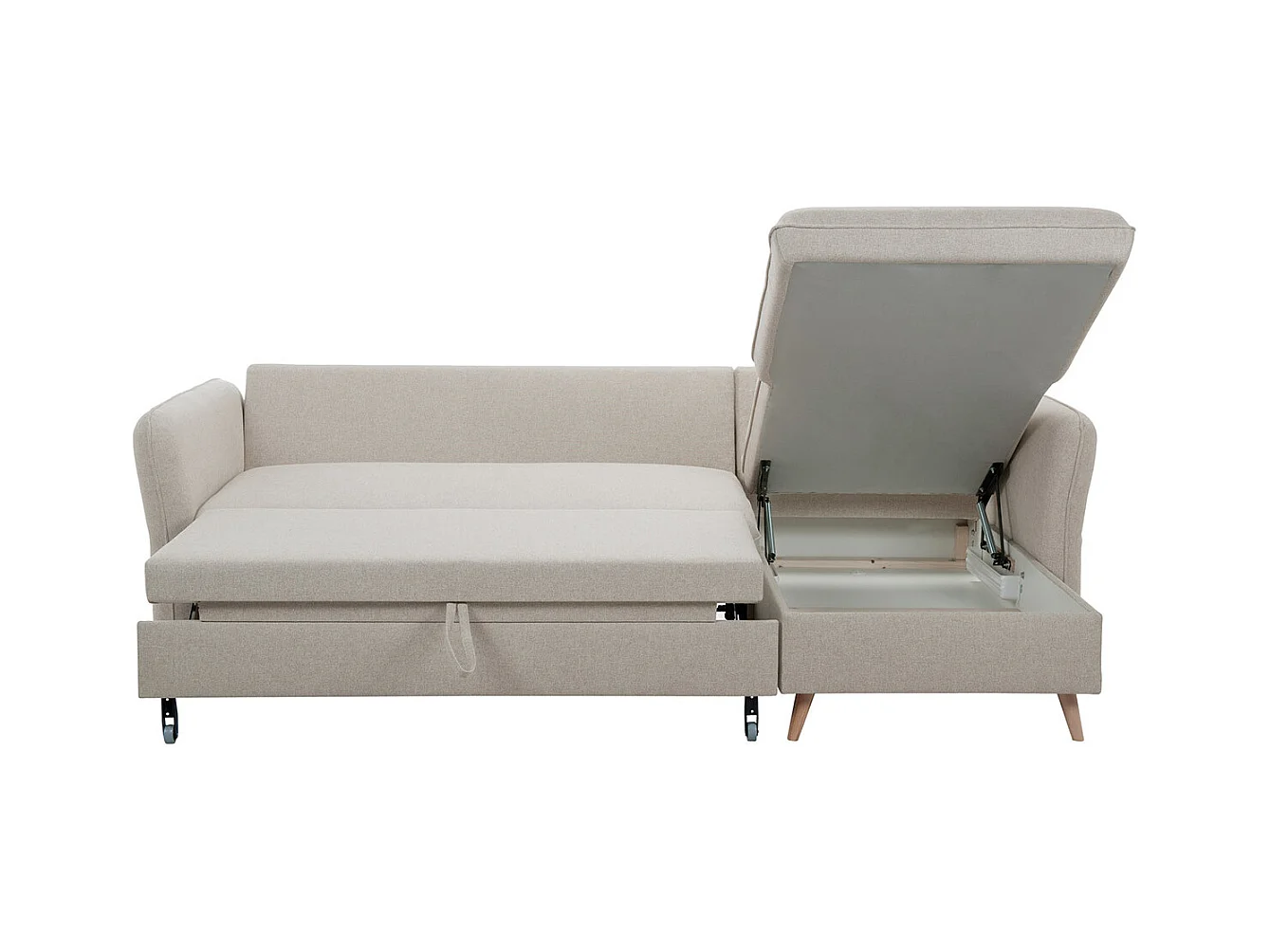 Schlaf-Ecksofa mit Stauraum 3/4-Sitzer beiger Stoff und helles Holz DRISS