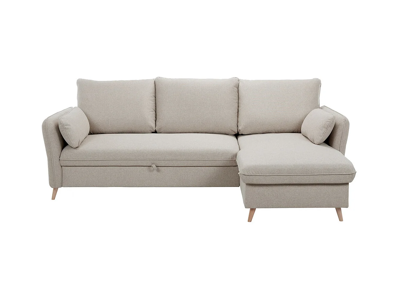 Sofá cama con chaise longue 3-4 plazas con canapé de tela beige y madera clara DRISS