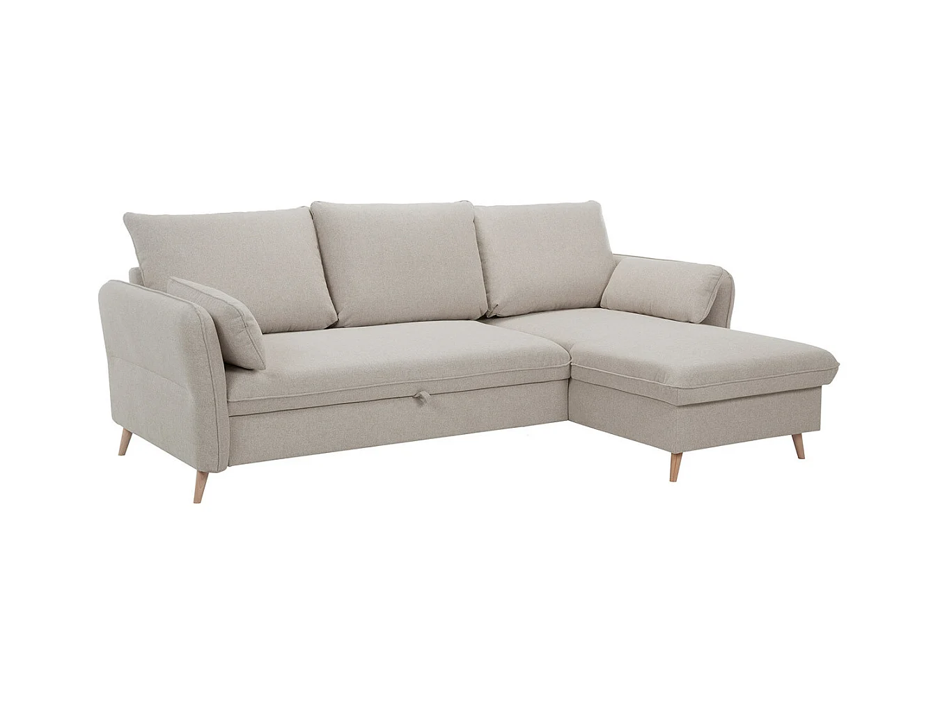 Sofá cama con chaise longue 3-4 plazas con canapé de tela beige y madera clara DRISS