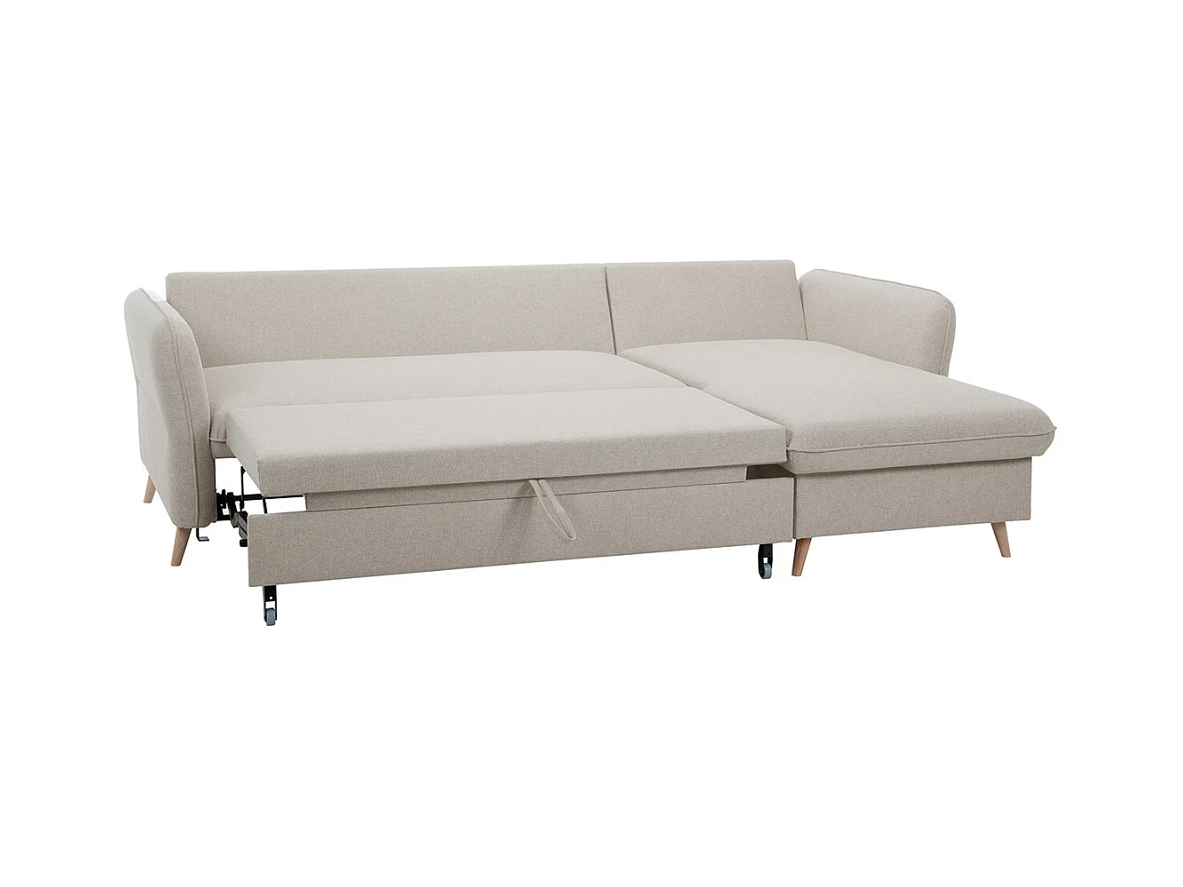 Sofá cama con chaise longue 3-4 plazas con canapé de tela beige y madera clara DRISS