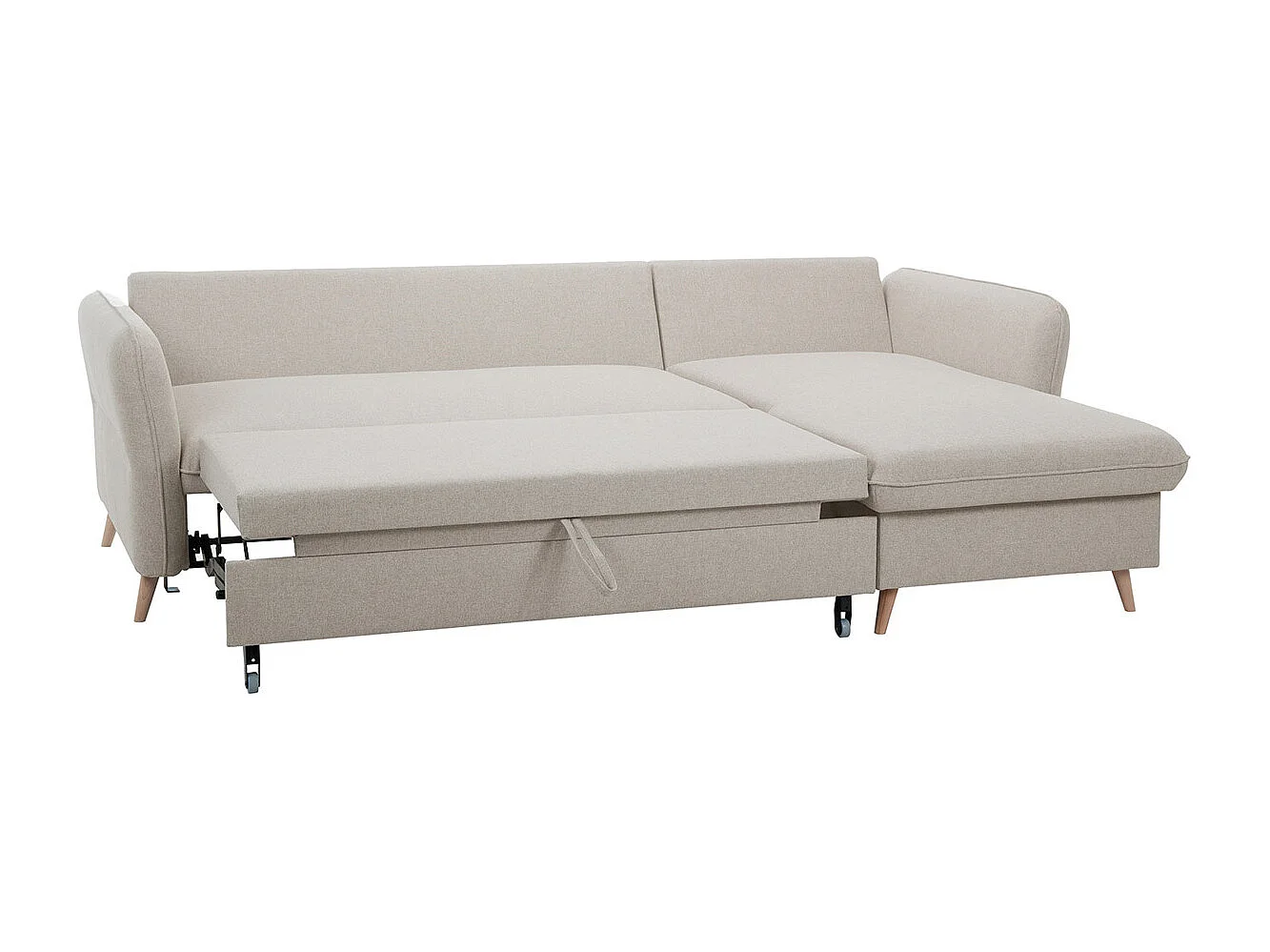 Schlaf-Ecksofa mit Stauraum 3/4-Sitzer beiger Stoff und helles Holz DRISS