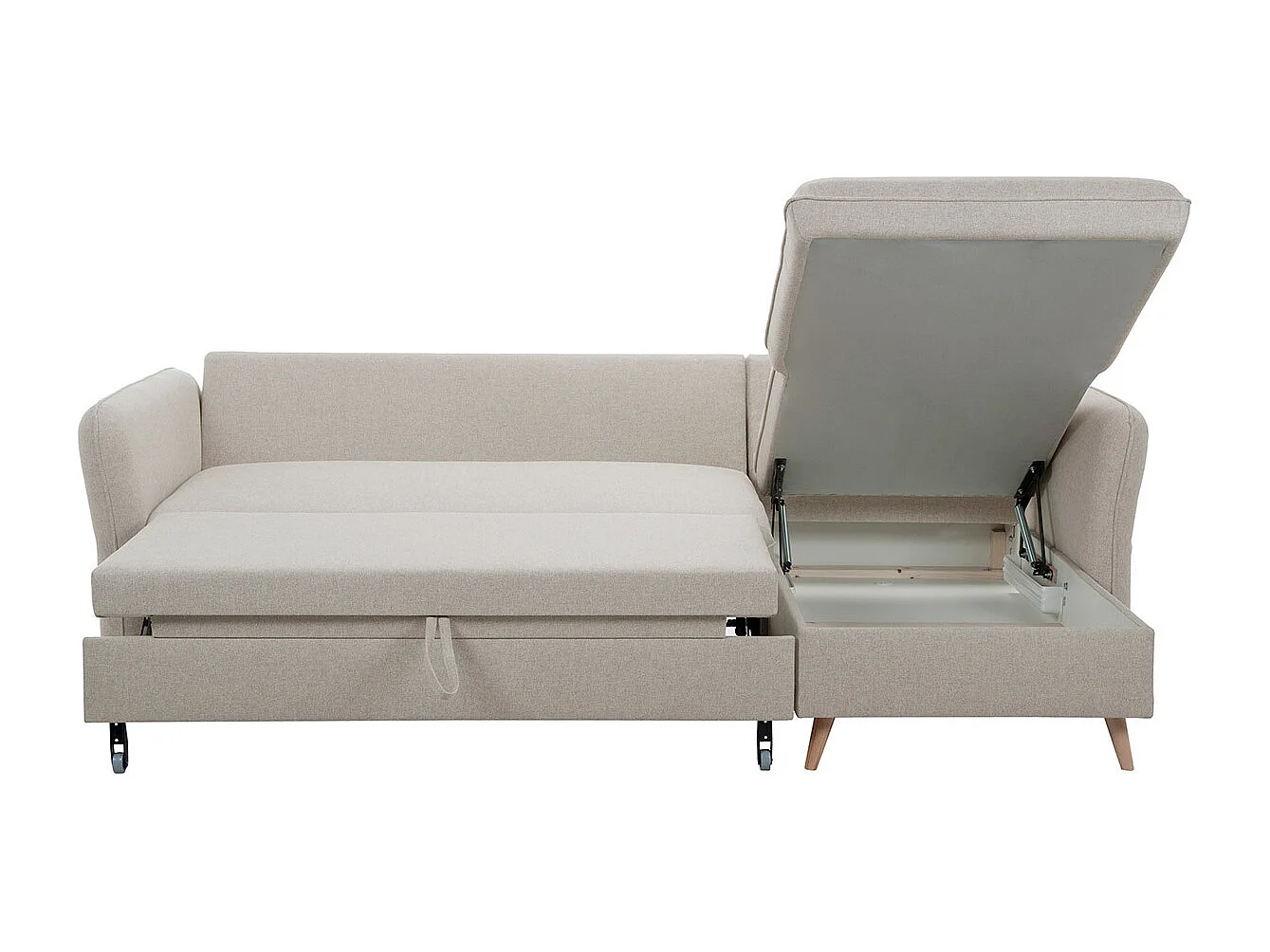 Schlaf-Ecksofa mit Stauraum 3/4-Sitzer beiger Stoff und helles Holz DRISS