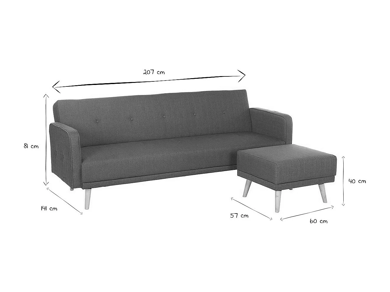 Canapé convertible scandinave 3 places avec repose-pieds en tissu beige et bois clair ULLA