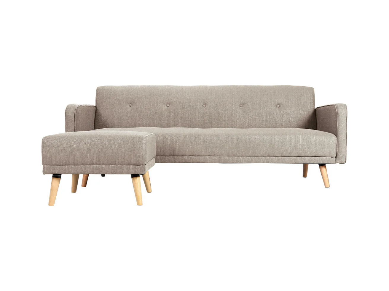 Canapé convertible scandinave 3 places avec repose-pieds en tissu beige et bois clair ULLA