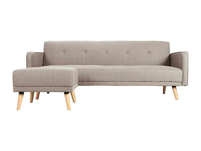 Skandinavisches Schlaf-Ecksofa aus beigem Stoff und hellem Holz 4-Sitzer ULLA