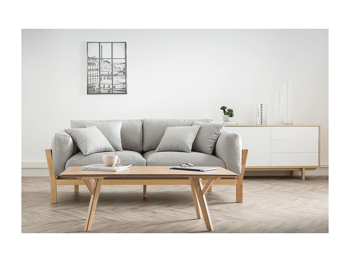 Buffet scandinave bois et blanc 2 portes 3 tiroirs L195cm SID