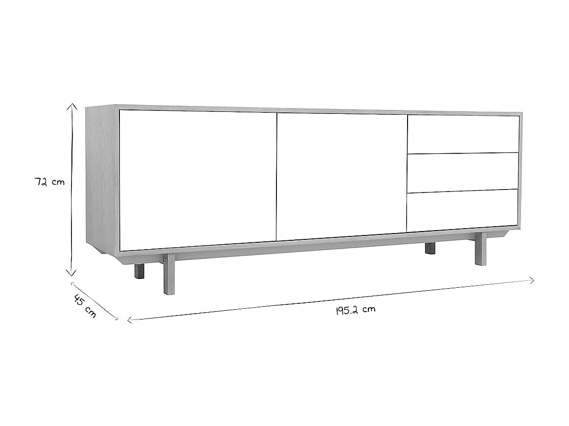 Buffet scandinave bois et blanc 2 portes 3 tiroirs L195cm SID