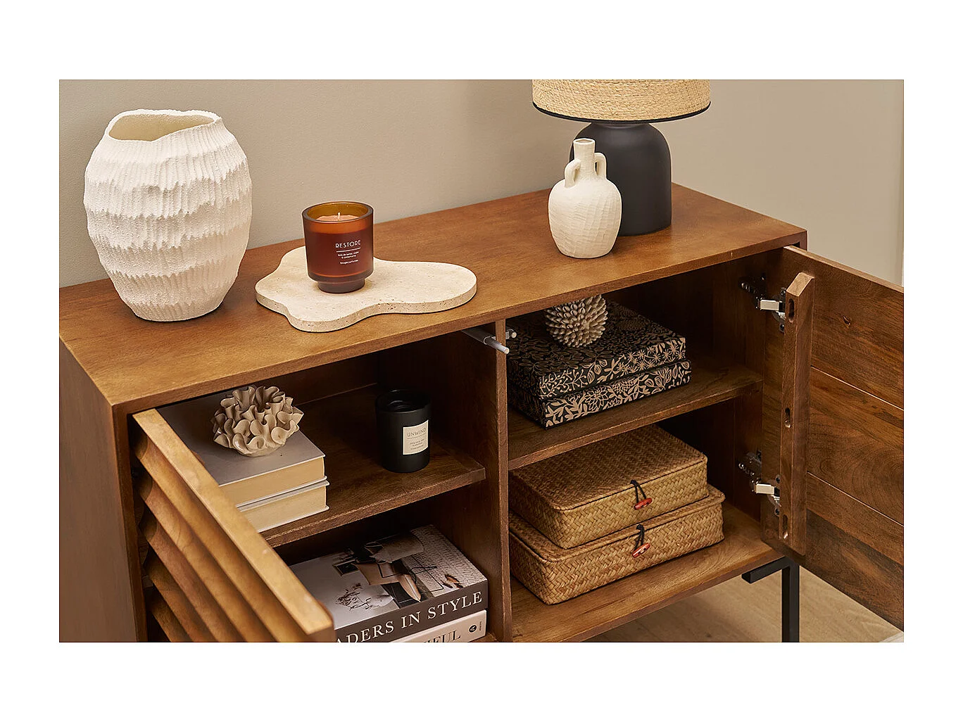 Buffet en bois foncé manguier massif et métal noir 2 portes L100 cm ONDA