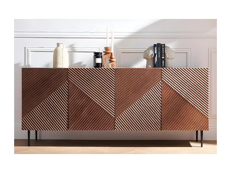 Aparador 4 puertas de madera oscura de roble macizo y metal negro 180 cm ARCHIPEL